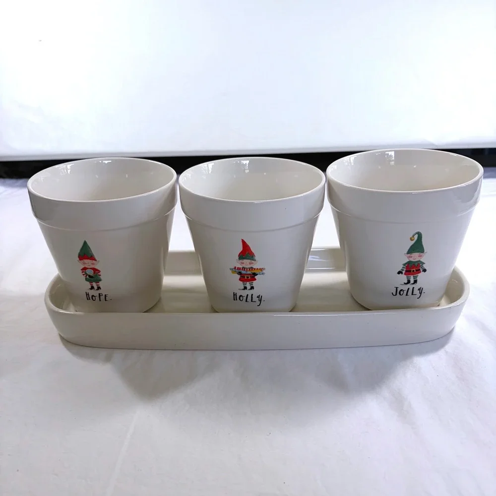 Rae Dunn Christmas Elves Planter Set Tray Hope Holly Jolly White Ceramic 4pc